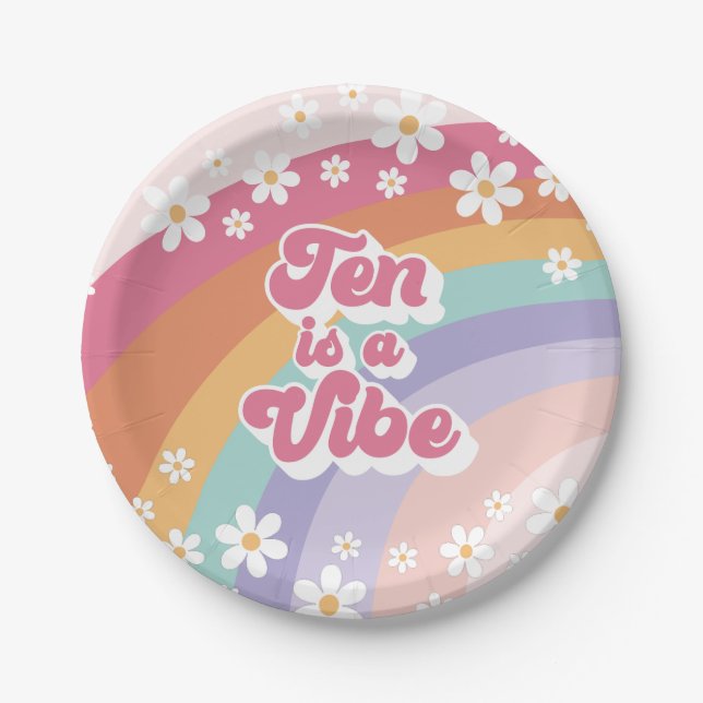 Ten is a Vibe Retro Rainbow 10th Birthday Paper Plates (Front)