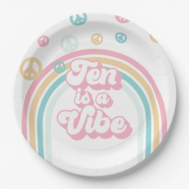 Ten is a Vibe Retro Summer Rainbow Paper Plates (Front)