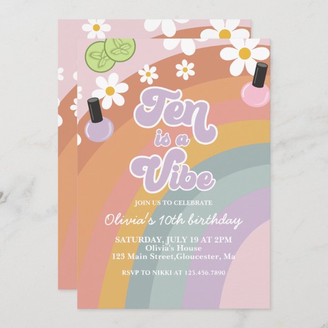 Ten is a vibe Spa Rainbow 10th Birthday Invitation (Front/Back)
