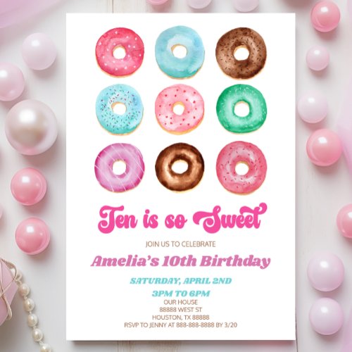 Ten Is So Sweet Donut 10th Birthday Party Invitation