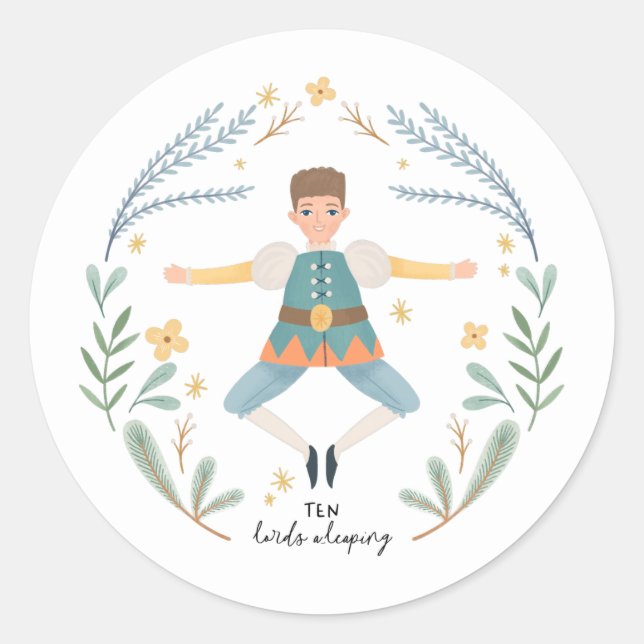 Ten Lords a-leaping 12 Days of Christmas Cute Folk Classic Round Sticker (Front)