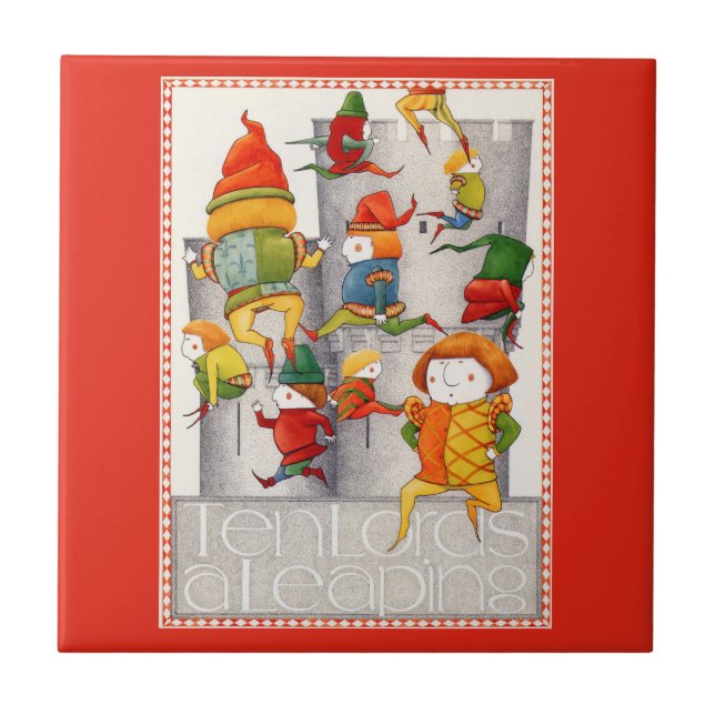 TEN LORDS A LEAPING 4.25" Square Ceramic Tile Red (Front)