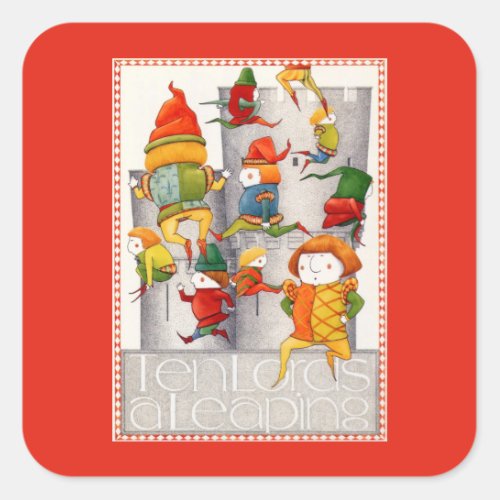 TEN LORDS A LEAPING Small Square Stickers _ Red