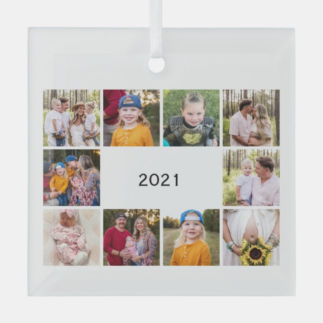 Ten Photo Collage Generic Year In Review Christmas Glass Ornament (Front)