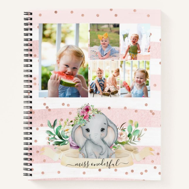 Ten Photos Collage Miss Onederful Baby Elephant  Notebook (Front)