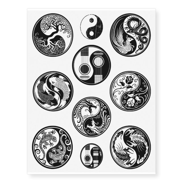 Ten Unique Black Yin Yang Designs Collection Temporary Tattoos (Front)