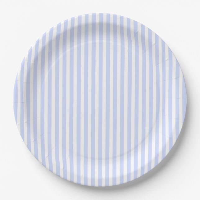 Tender Baby Blue Pale Sky Blue and White Stripe Paper Plates (Front)