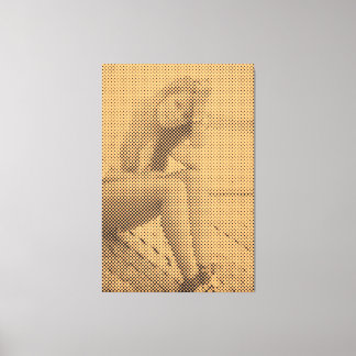 Tender Black&Salmon Halftone Effect Sitting Girl Canvas Print