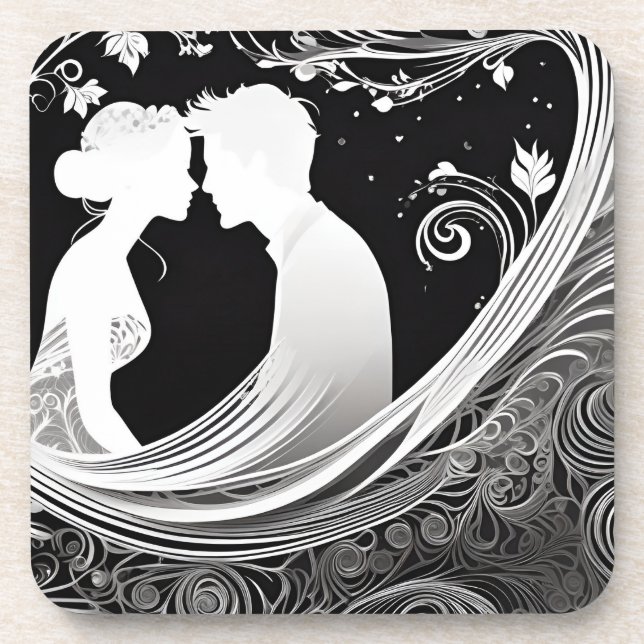 Tender Kiss White & Black Silhouette Love Beverage Coaster (Front)