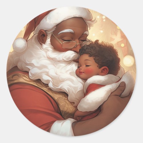Tender Moments Black Santa with Sleeping Baby Classic Round Sticker