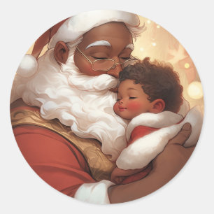 "Tender Moments: Black Santa with Sleeping Baby" Classic Round Sticker