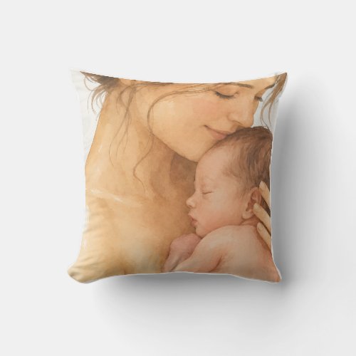 Tender Mother and Baby Watercolor Throw Pillow | S