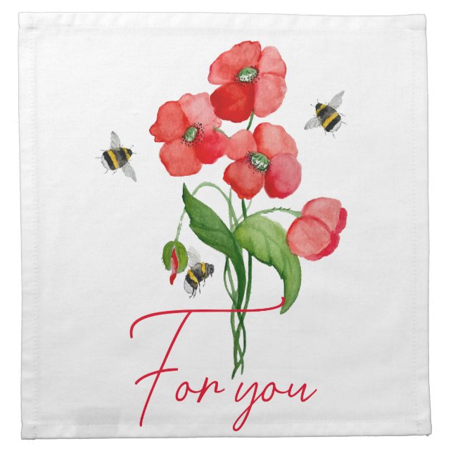 Tender scarlet poppy flower and bumblebees cloth napkin (Front)