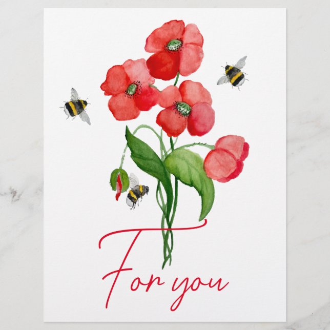 Tender scarlet poppy flower and bumblebees letterhead (Front)
