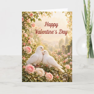 Tender White Doves Pink Roses Valentine Holiday Card