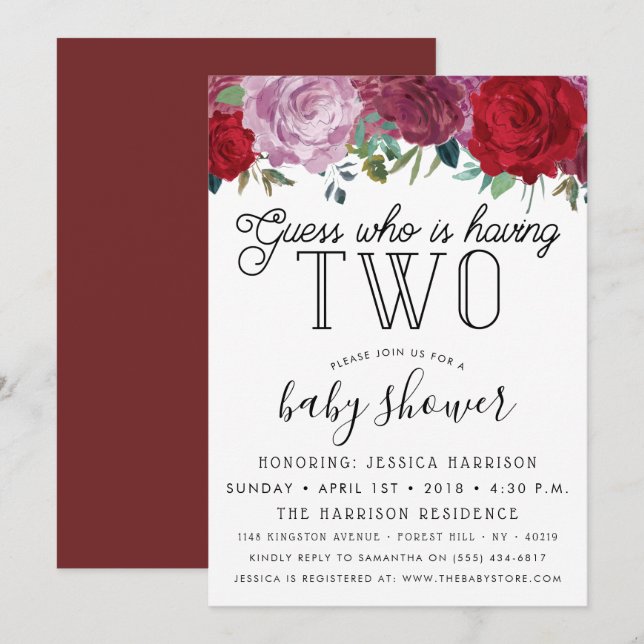 Tendy Floral Blooms Twins Baby Shower Invitation (Front/Back)