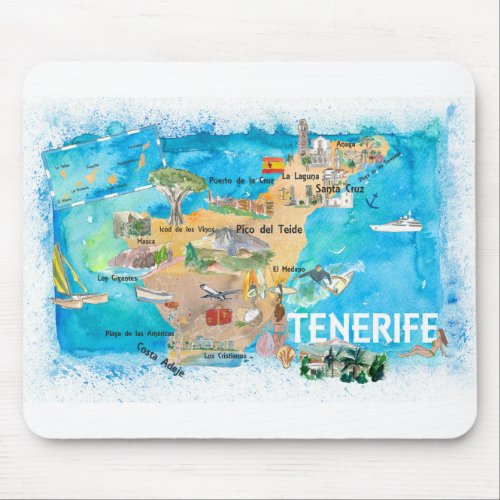Tenerife Canarias Spain Illustrated Map with Landm Mouse Pad