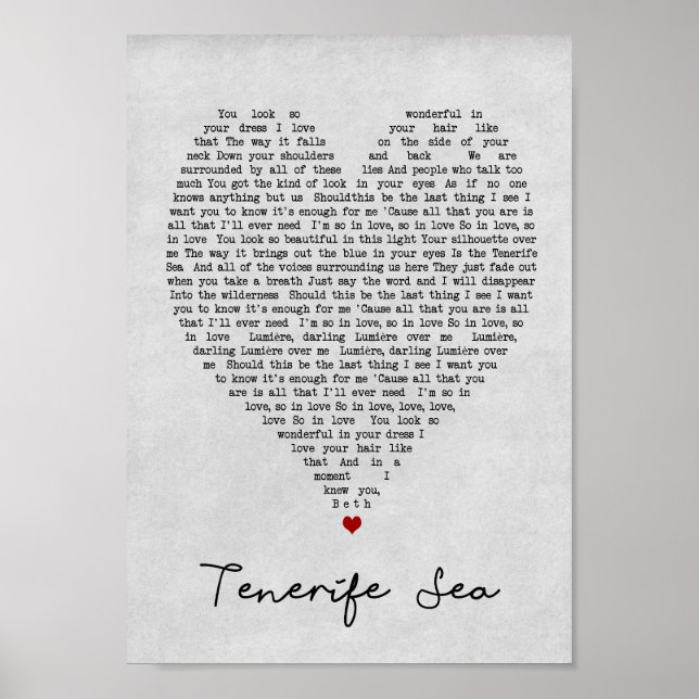 Tenerife Sea Gray Heart Song Lyric Wall Art Print (Front)