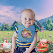 Tengu & Lion Dance Cats Baby Bib – Blue