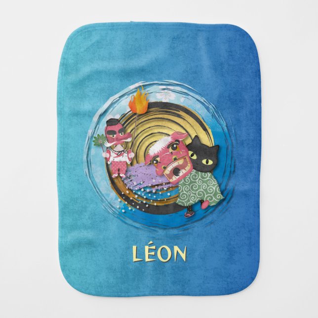 Tengu & Lion Dance Cats Baby Burp Cloth (Front)