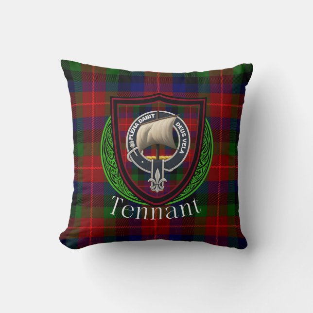 Tennant Scottish Clan Tartan & Crest Throw Pillow (Front)