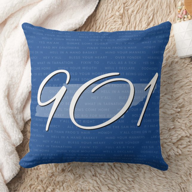 Tennessee 901 Memphis Area Code Blue White Modern Throw Pillow (Blanket)