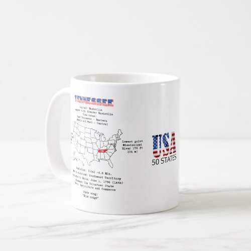 Tennessee American state on a map and useful info Coffee Mug