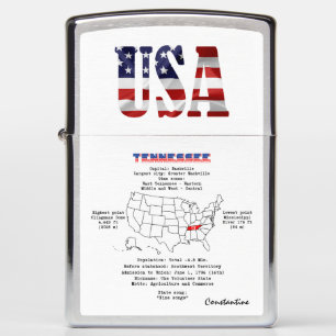Tennessee American state on a map and useful info Zippo Lighter