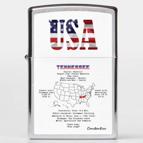 Tennessee American state on a map and useful info Zippo Lighter