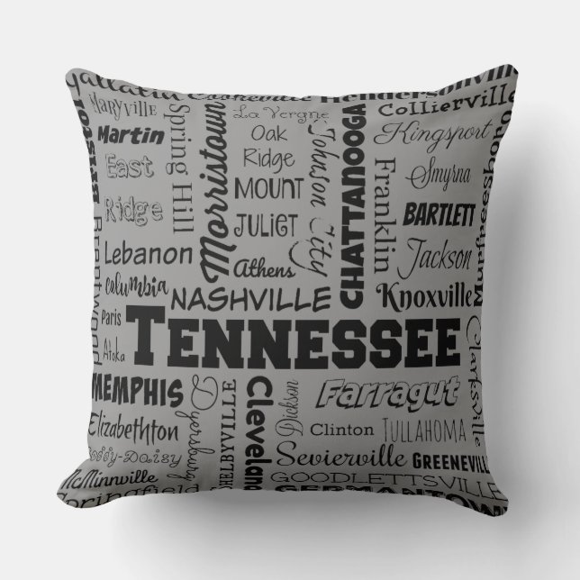 Tennessee Cities typography, gray Throw Pillow (Front)