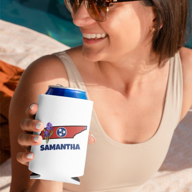 Tennessee Flag & Flower Purple Iris Custom Text Can Cooler (Creator Uploaded)