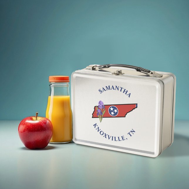 Tennessee Flag & Flower Purple Iris Custom Text Metal Lunch Box (Creator Uploaded)