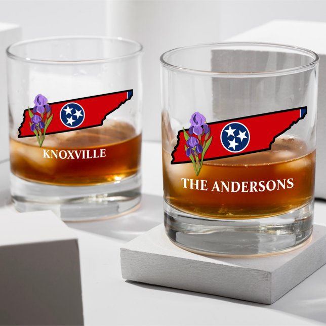 Tennessee Flag with State Flower Iris Custom Text Whiskey Glass (Creator Uploaded)
