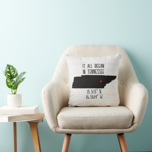 Tennessee GPS Coordinates with Heart Throw Pillow