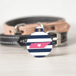 Tennessee Heart Pet ID Tag<br><div class="desc">Let your furry friend show some home state pride with this cute Tennessee pet ID tag. Design features a white silhouette map of the state of Tennessee in pink with a white heart inside, on a preppy navy blue and white stripe background. Add your pet's name and contact information to...</div>