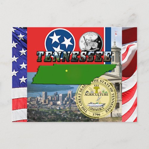 Tennessee Map Flag State Seal and Pictures Postcard