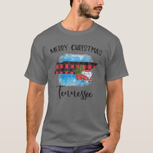 Tennessee Merry Christmas Truck Buffalo Plaid Xmas T-Shirt (Front)