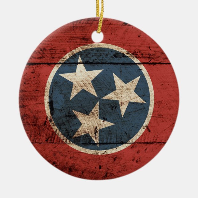 Tennessee State Flag on Old Wood Grain Ceramic Ornament (Front)