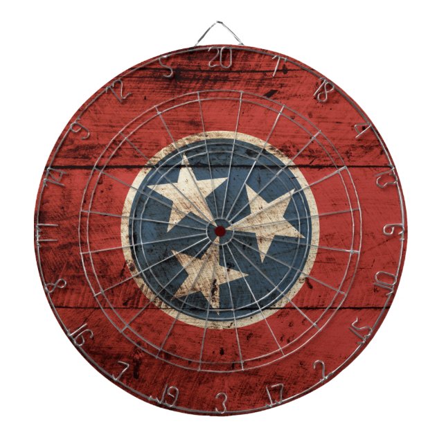 Tennessee State Flag on Old Wood Grain Dartboard With Darts (Front)