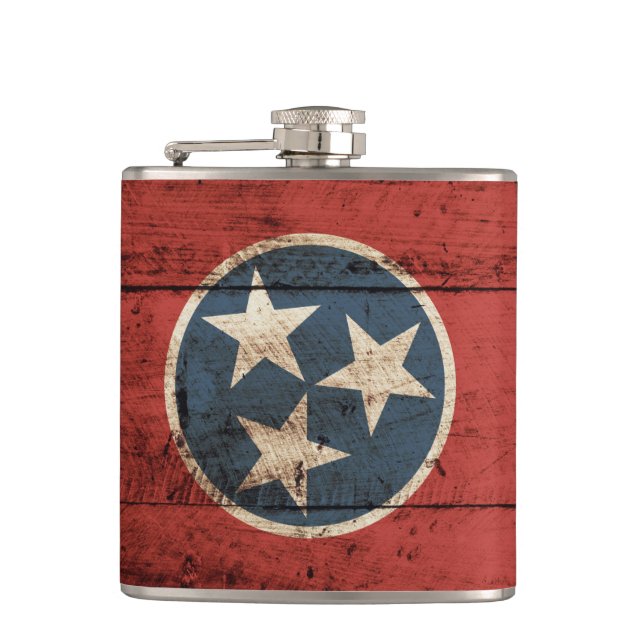 Tennessee State Flag on Old Wood Grain Flask (Front)