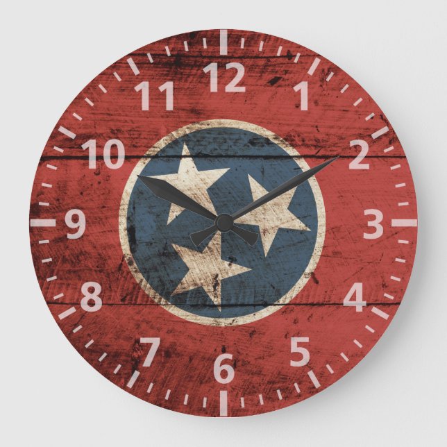 Tennessee State Flag on Old Wood Grain Large Clock (Front)