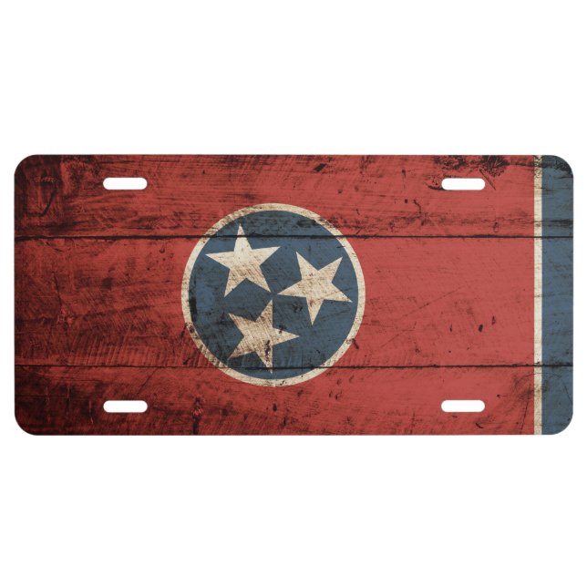 Tennessee State Flag on Old Wood Grain License Plate (Front)