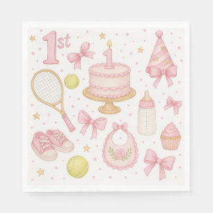 Tennis 1st birthday for baby girl pink tone racket napkins