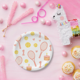 Tennis 1st birthday for baby girl pink tone racket paper plates