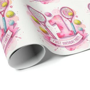 Tennis 1st birthday for girl in Pink themed Wrapping Paper