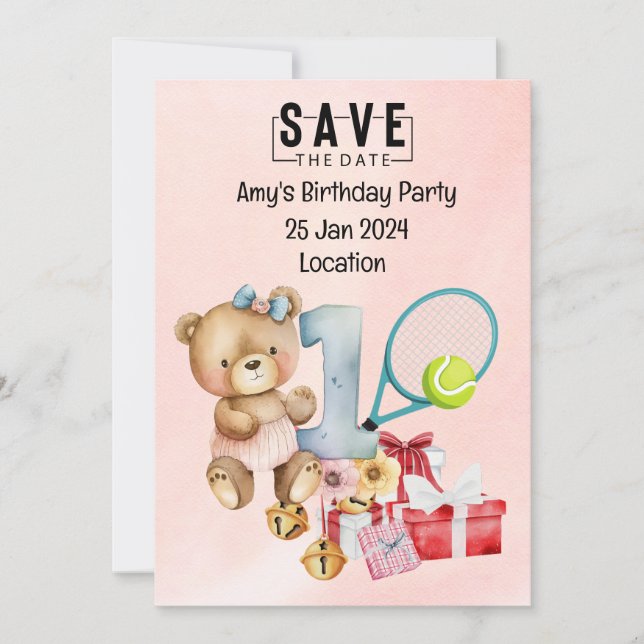 Tennis 1st Birthday Save the Date for Party  Invitation (Front)