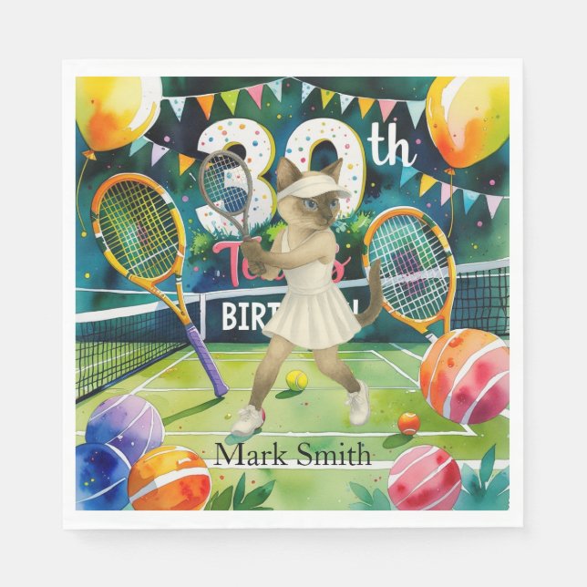 Tennis 30th Birthday for Siamese Cat lovers Napkins (Front)