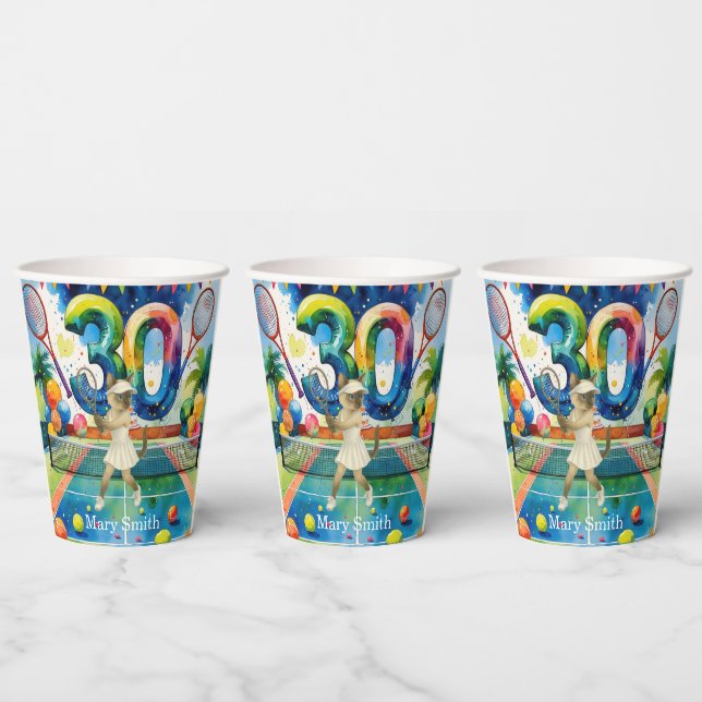 Tennis 30th Birthday for Siamese Cat lovers Paper Cups (Multi)