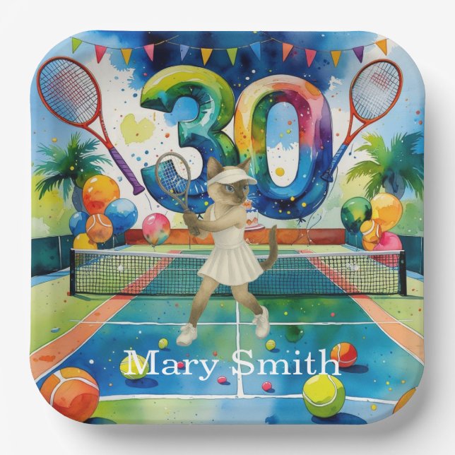 Tennis 30th Birthday for Siamese Cat lovers Paper Plates (Front)