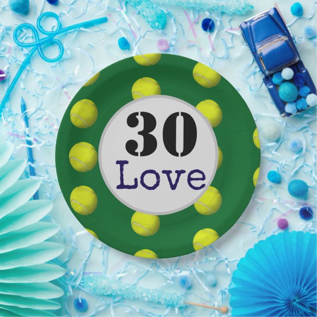 Tennis 30th  Birthday  tennis ball and number love Paper Plates (Party)